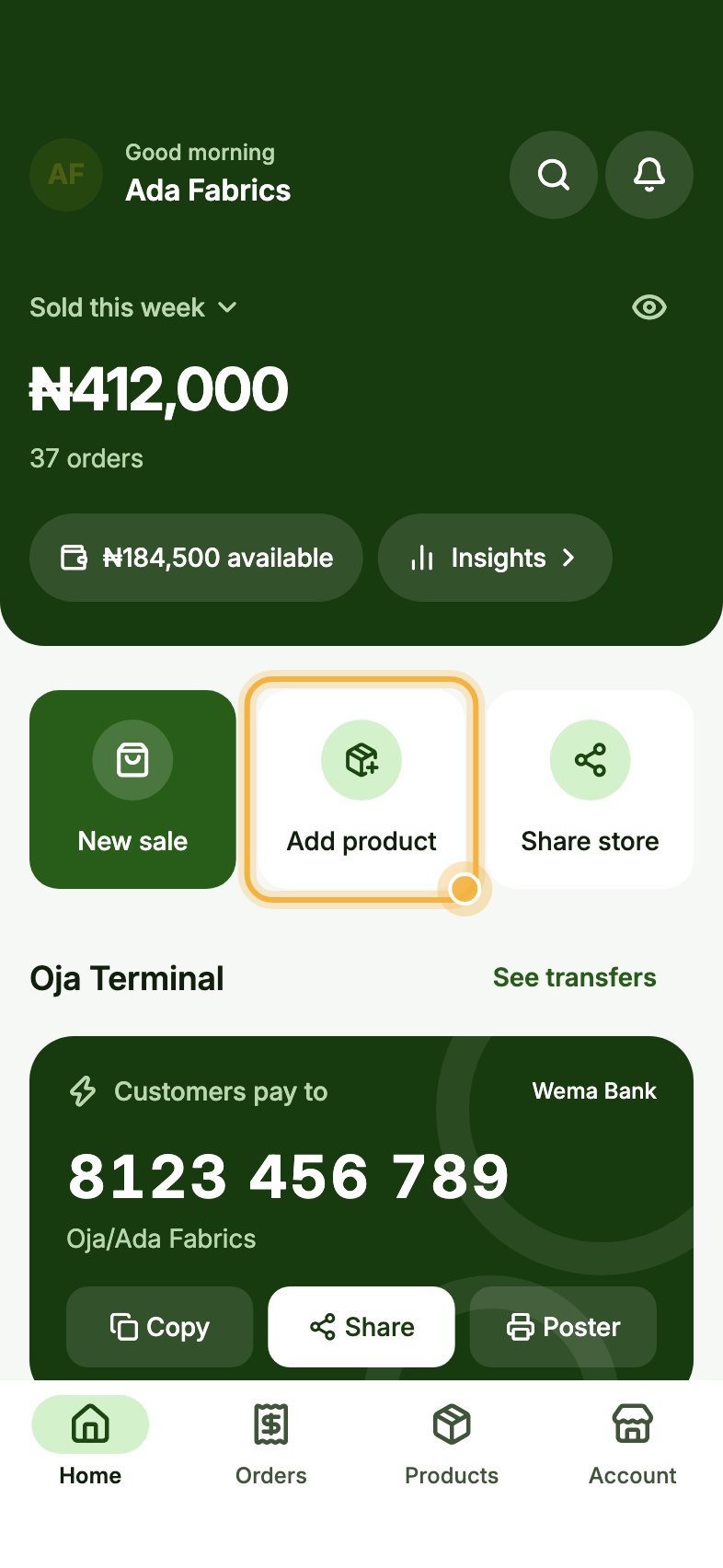 Oja Home with the Add product button highlighted