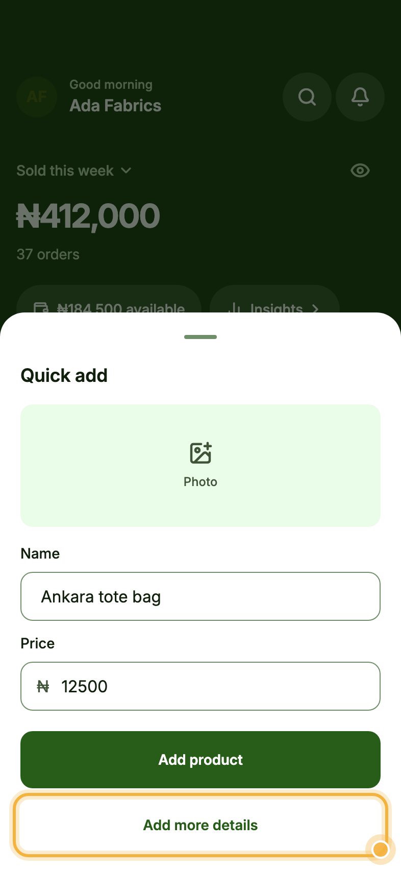 Quick add sheet with Add more details highlighted
