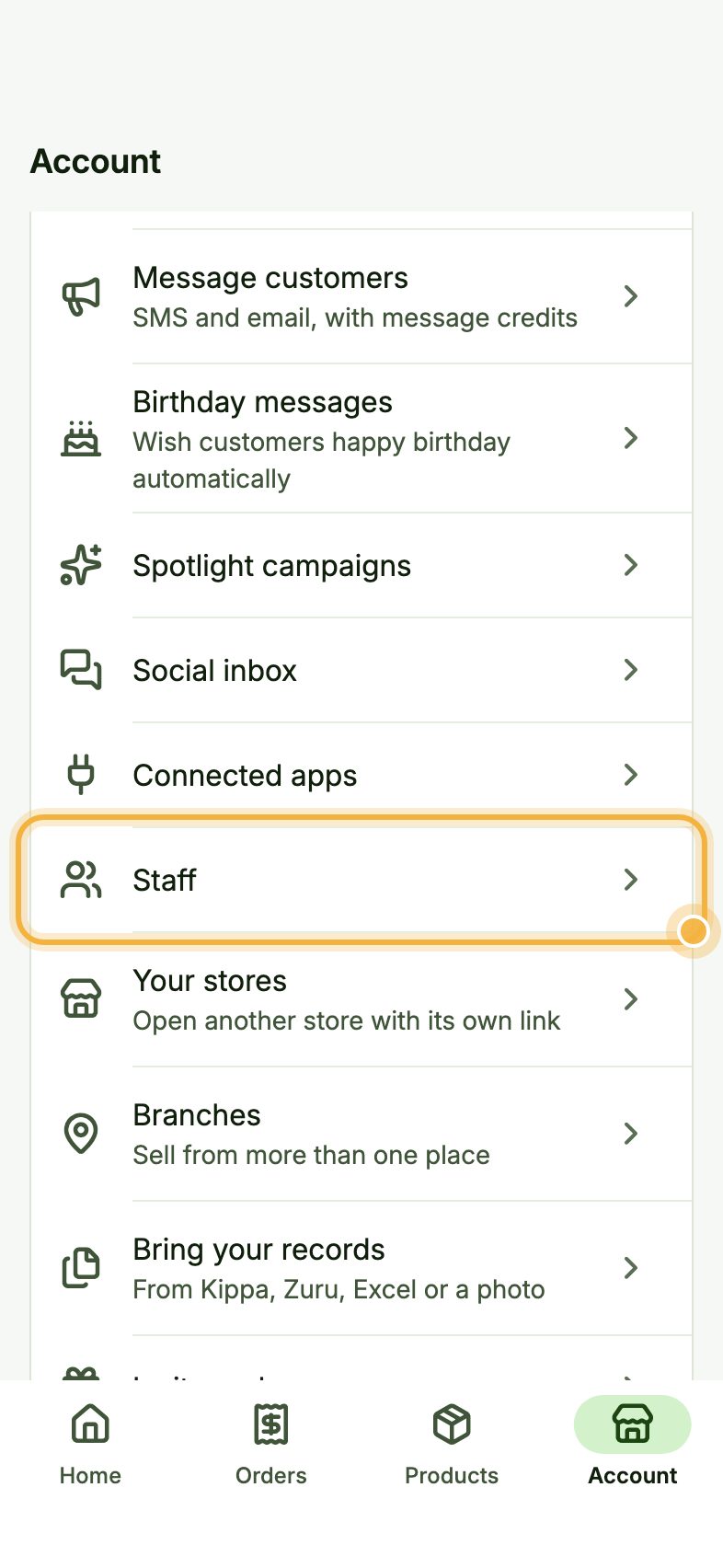 Oja Account tab with Staff highlighted