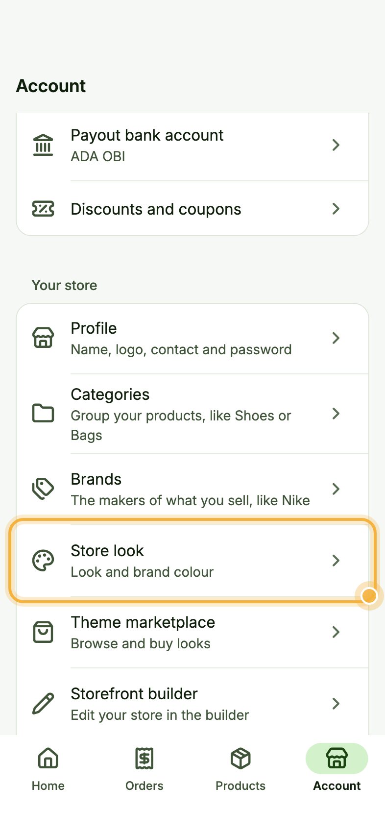 Oja Account tab with Store look highlighted