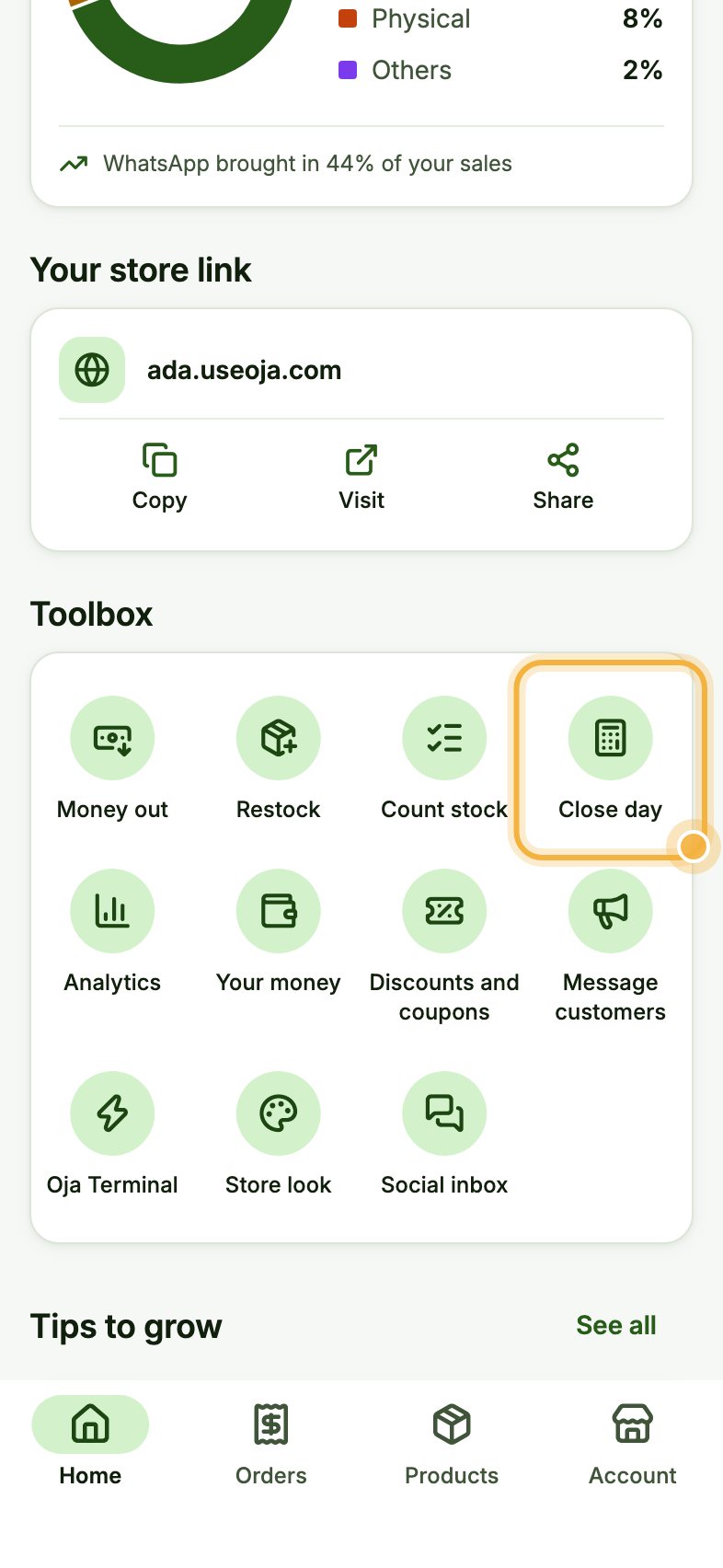 Oja Home toolbox with Close day highlighted