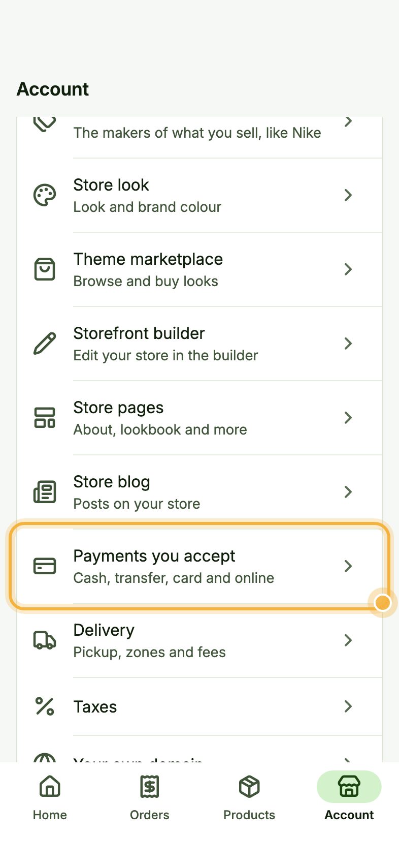 Oja Account tab with Payments you accept highlighted