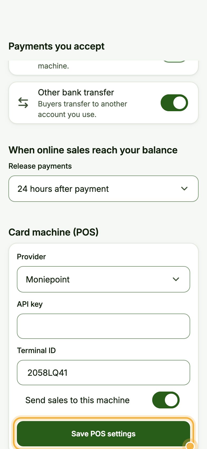 Card machine (POS) settings in Oja with Moniepoint selected and Save POS settings highlighted