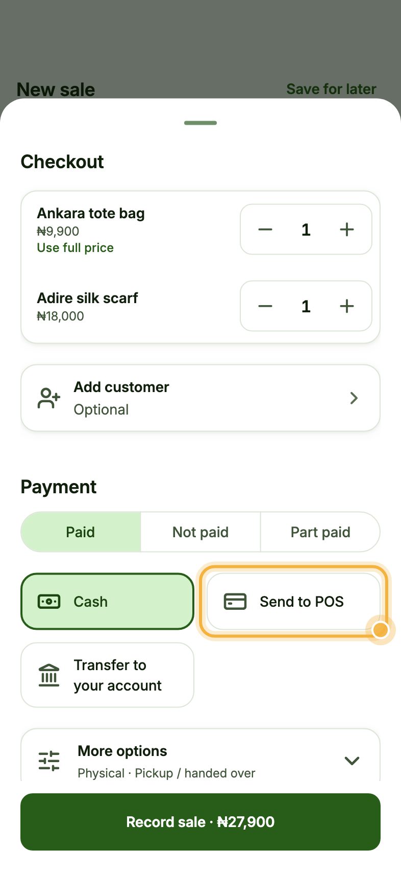 Oja checkout with the Send to POS payment option highlighted