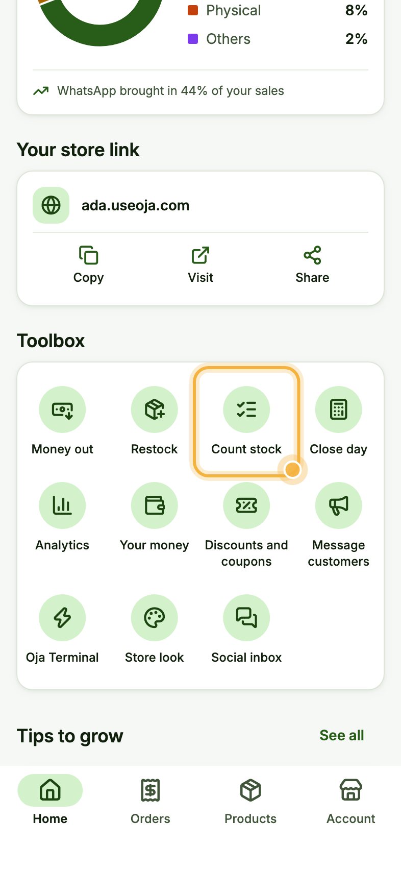 Oja Home toolbox with Count stock highlighted