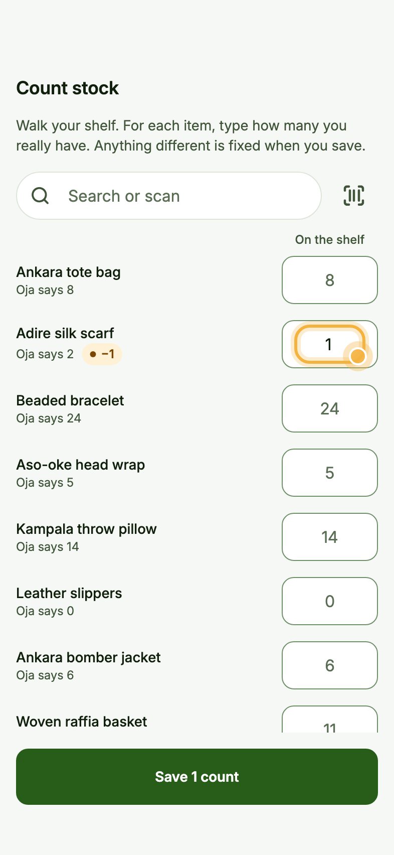 Count stock screen with a changed count highlighted