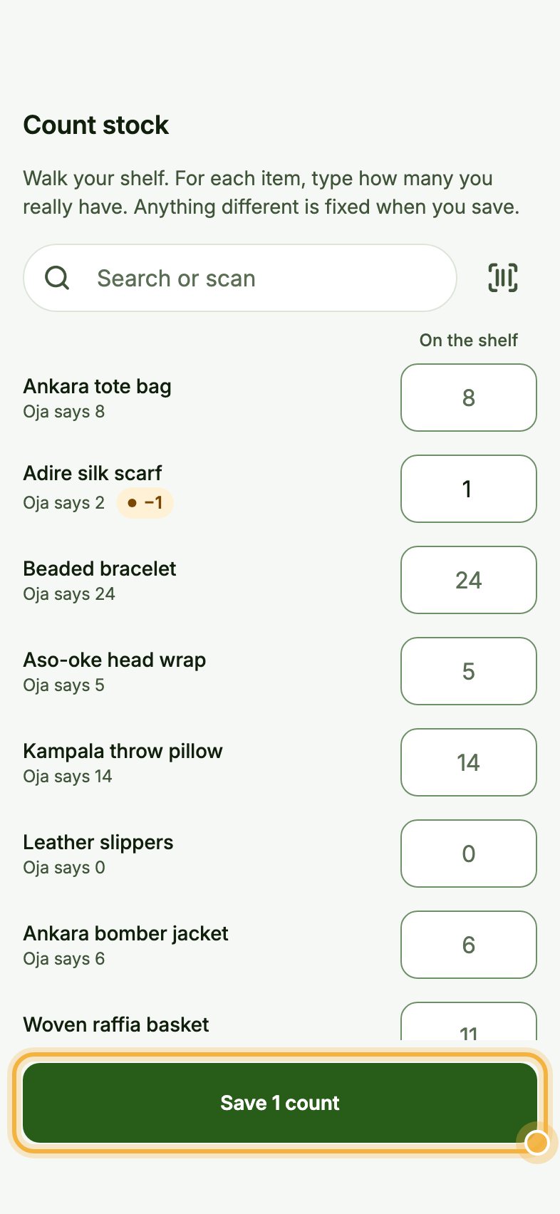 Count stock screen with the Save button highlighted