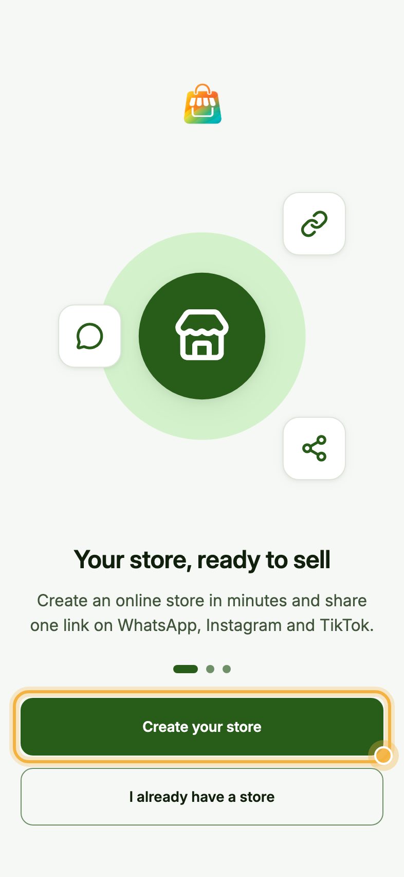 Oja welcome screen with the Create your store button highlighted