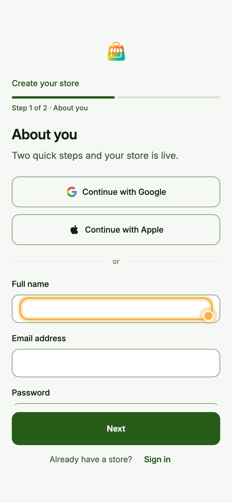 Oja sign-up screen, About you, with the Full name field highlighted