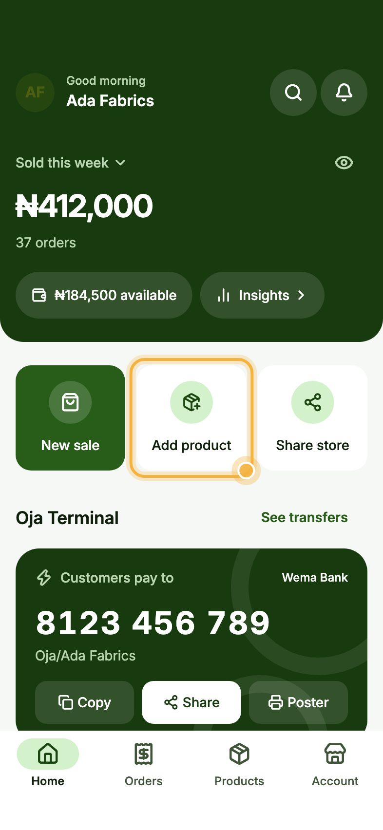 Oja Home with the Add product button highlighted