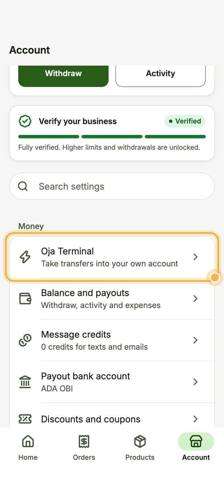 Oja Account tab with Oja Terminal highlighted under Money