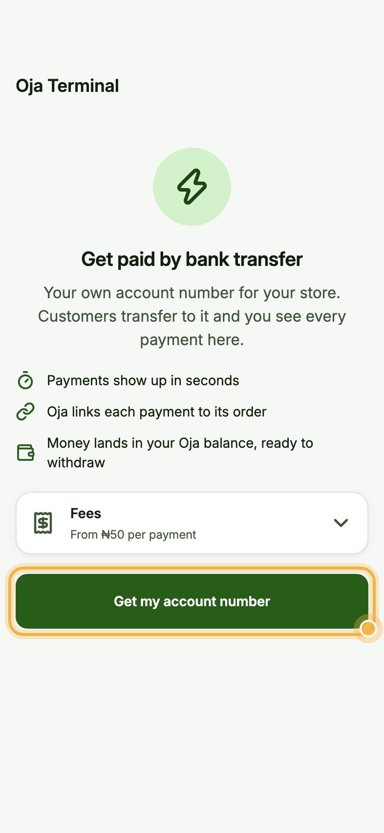 Oja Terminal setup screen with Get my account number highlighted