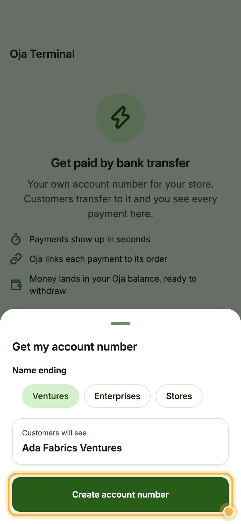 Choosing the account name ending in Oja Terminal, with Create account number highlighted