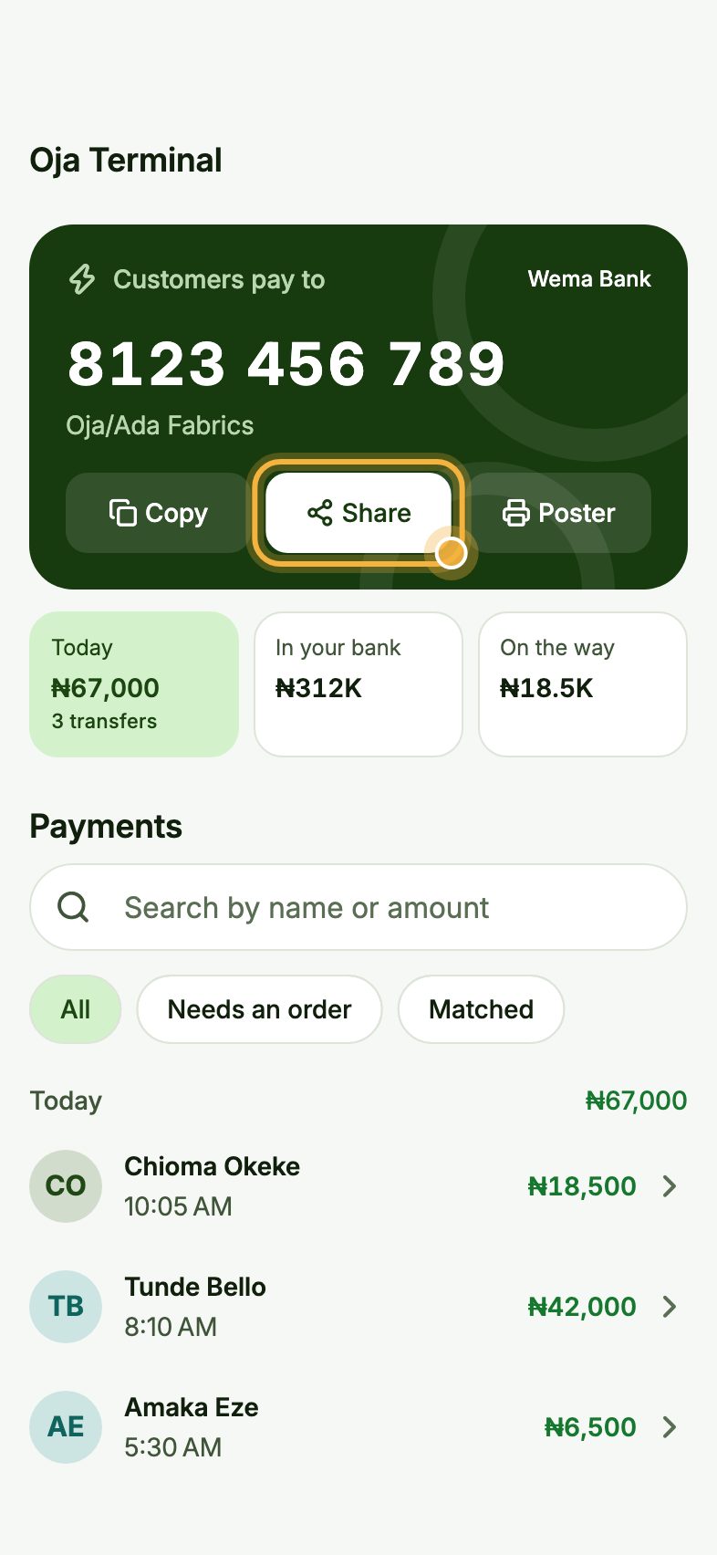 Oja Terminal account card with the Share button highlighted