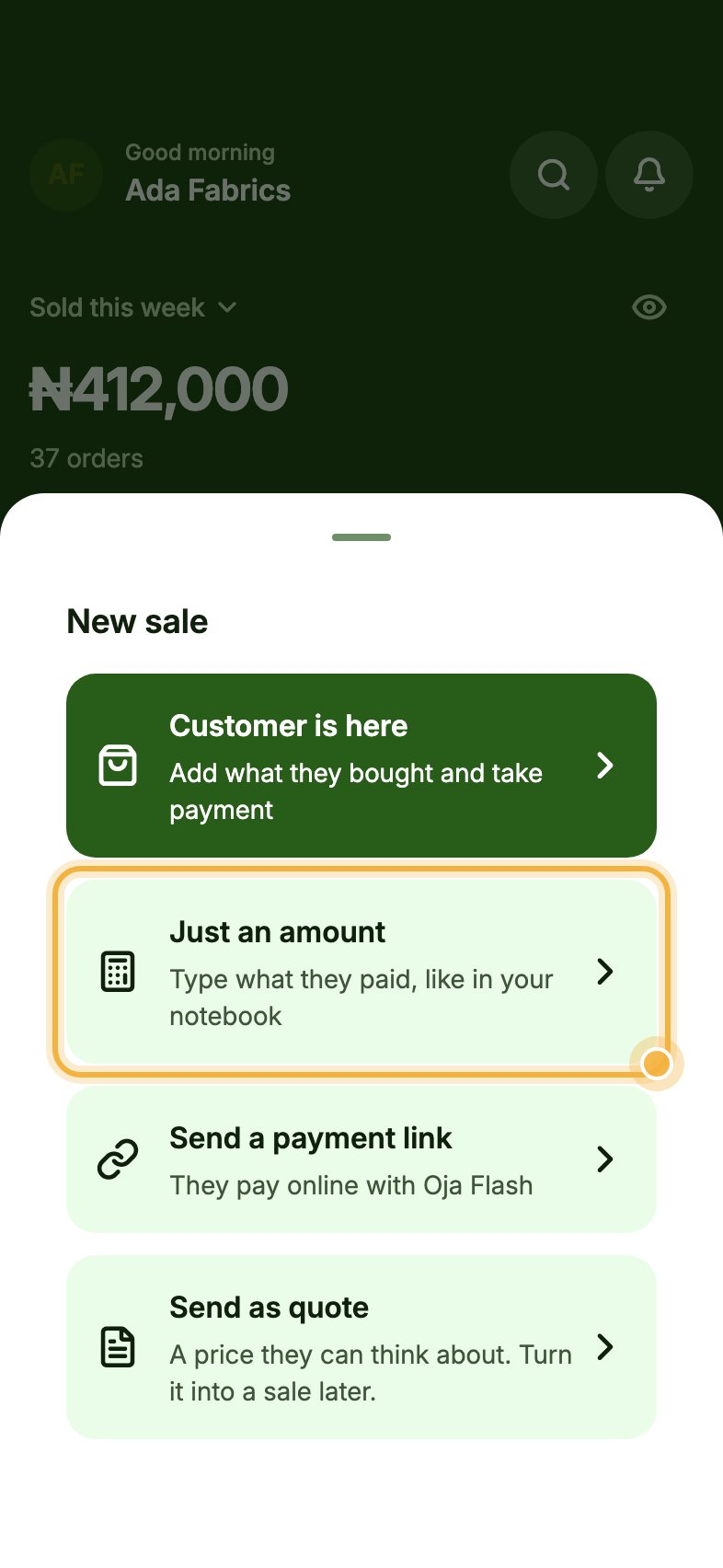 New sale options with Just an amount highlighted