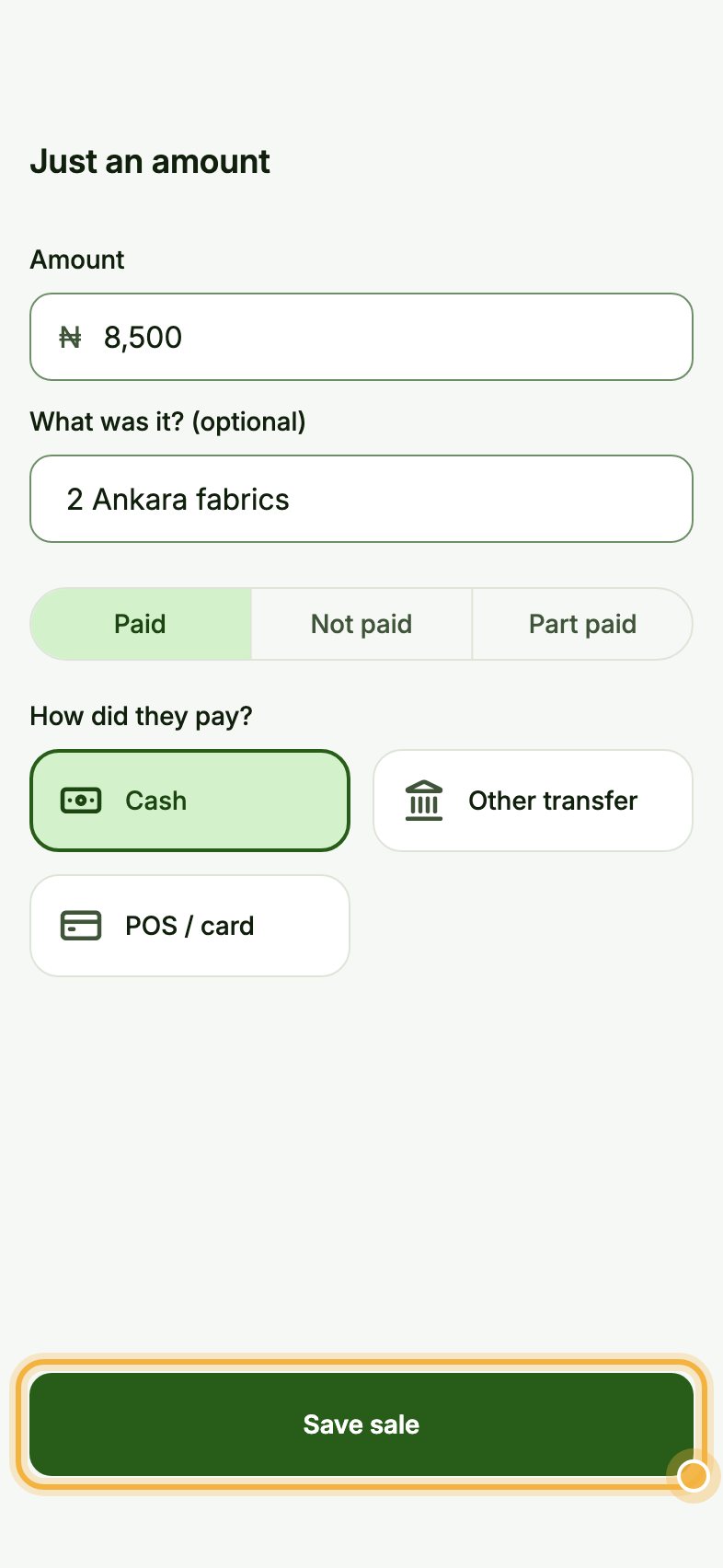 Save sale button highlighted on the Just an amount screen