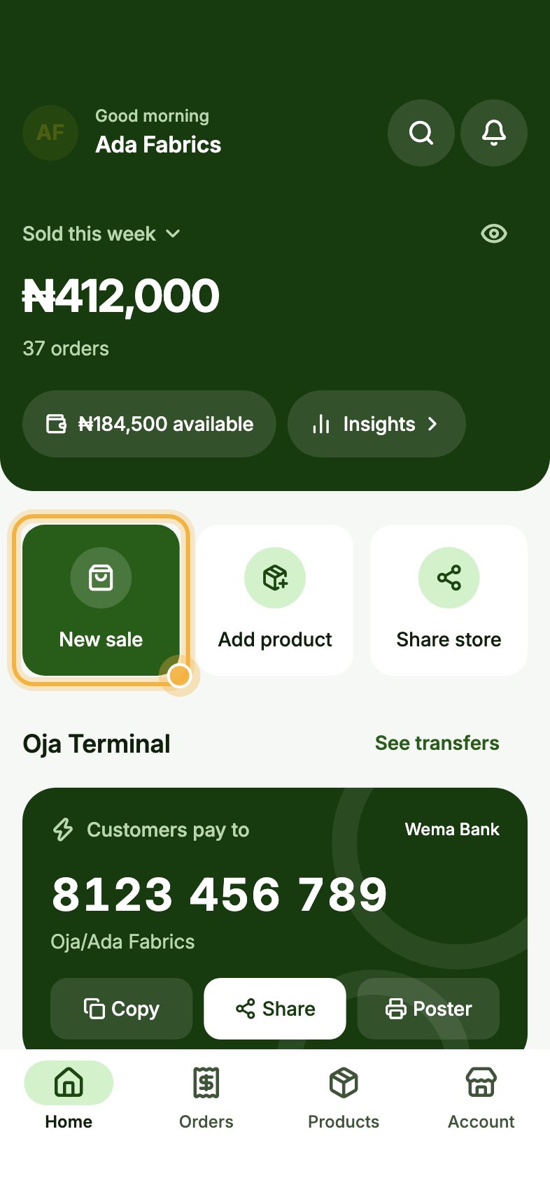 Oja Home screen with the New sale button highlighted