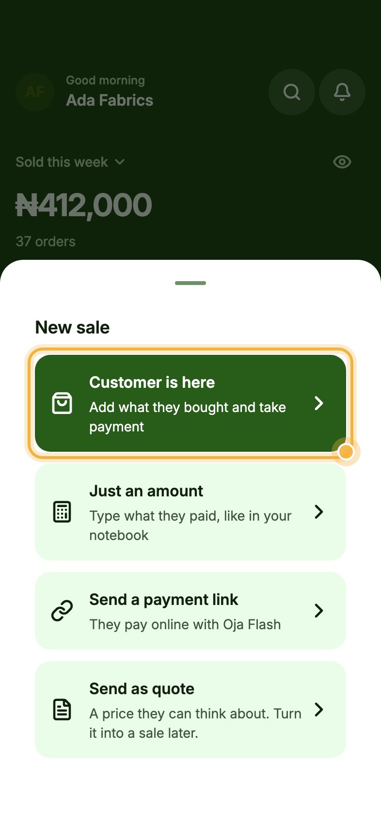 New sale options in the Oja app with Customer is here highlighted