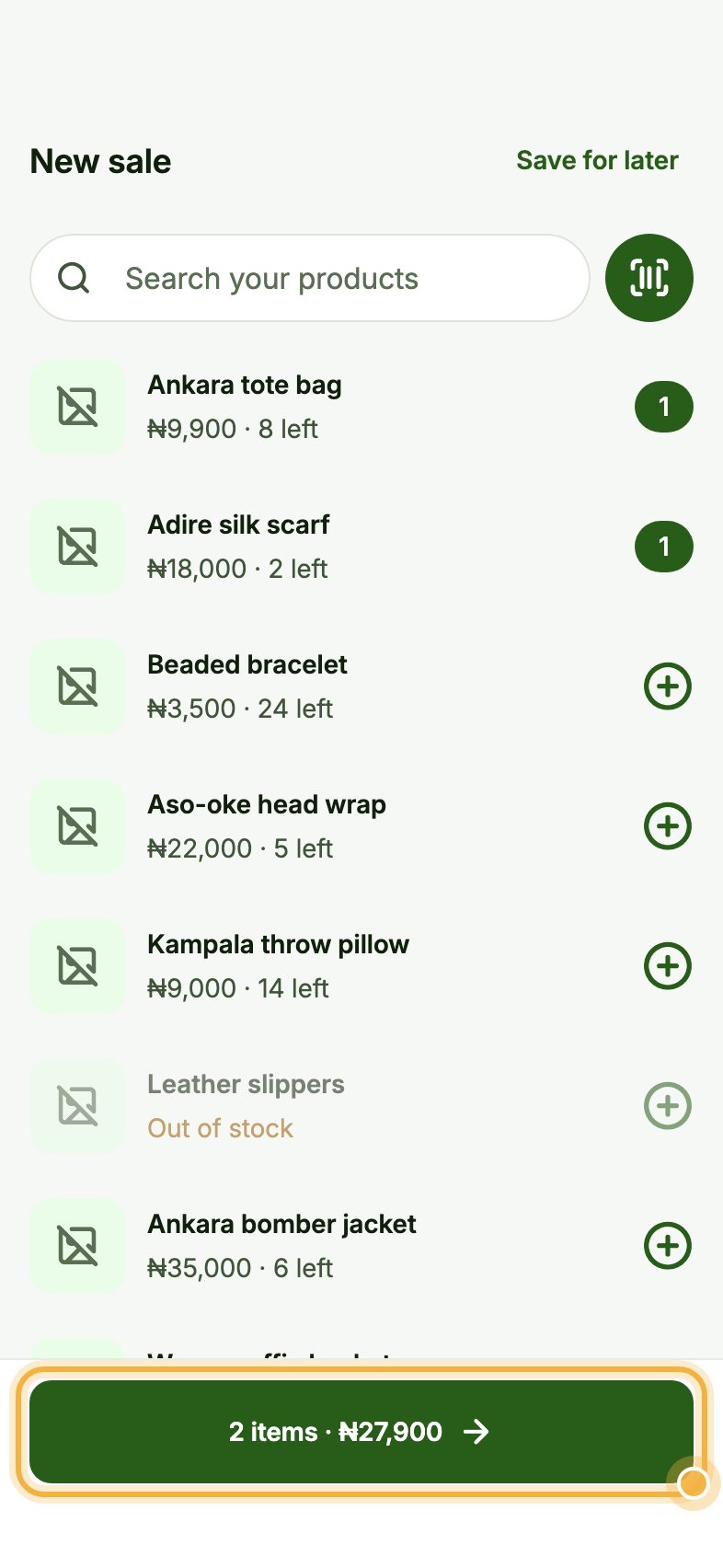 New sale with two items and the checkout bar highlighted