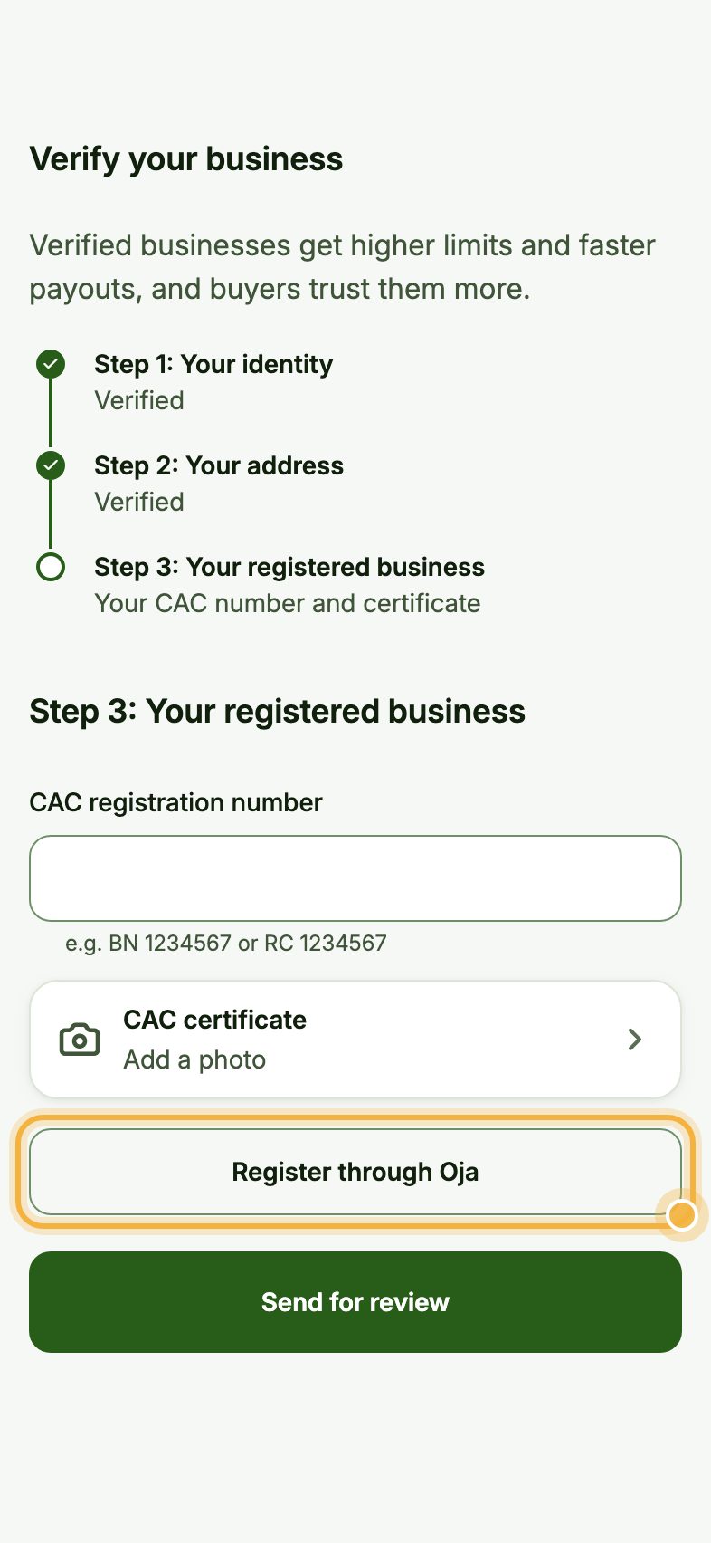 Oja verification Step 3 with the Register through Oja button highlighted