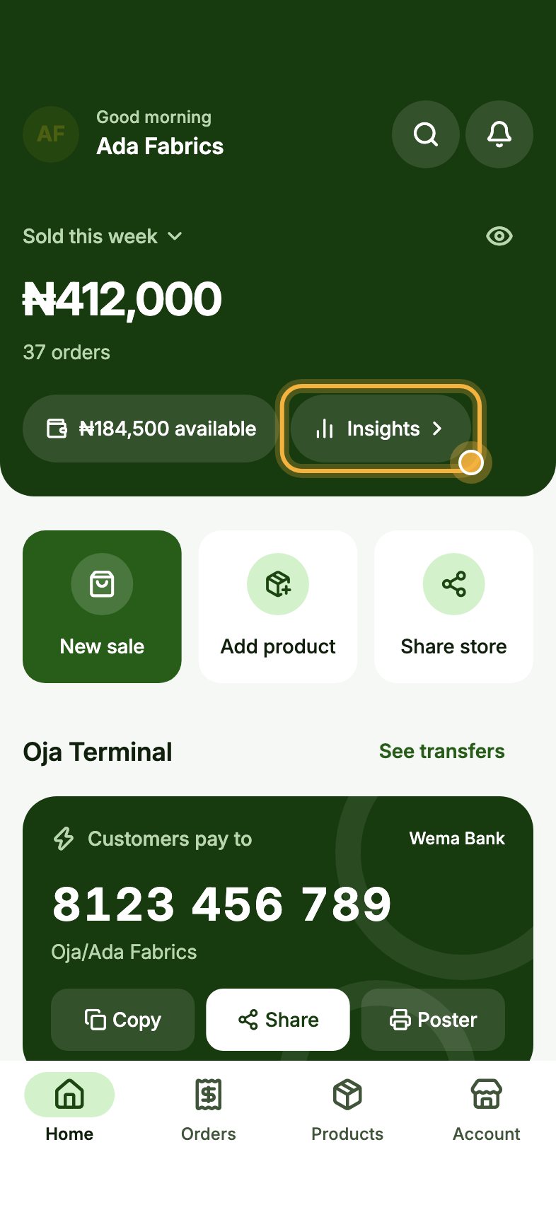 Oja Home with the Insights button highlighted