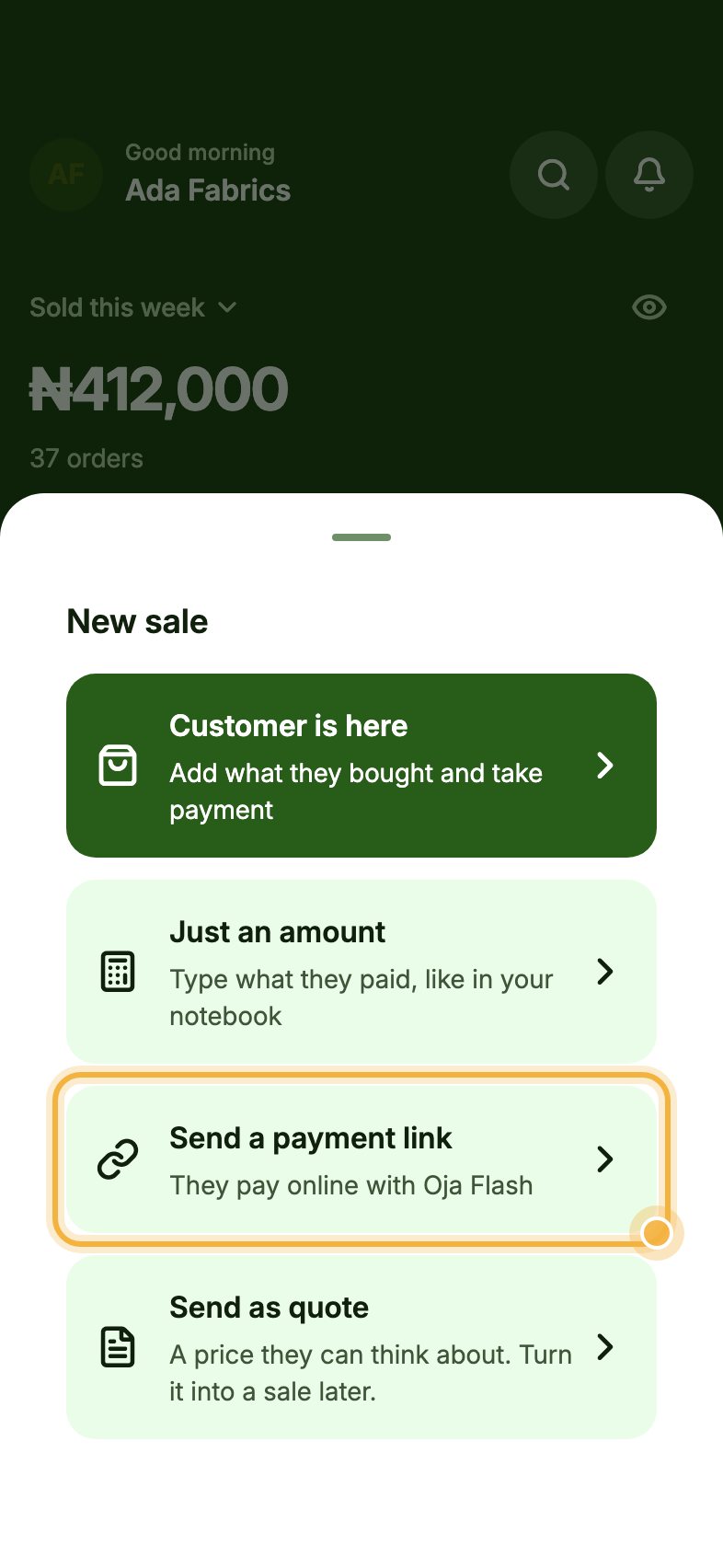 New sale options with Send a payment link highlighted