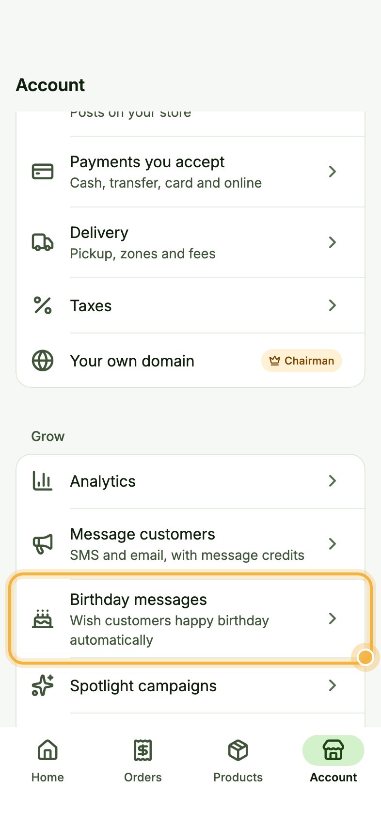 Oja Account tab with Birthday messages highlighted