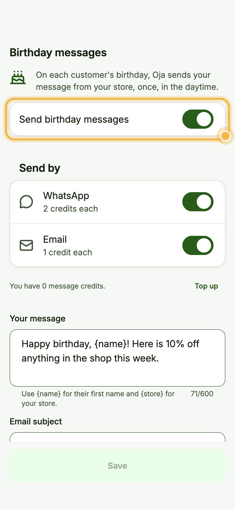 Birthday messages with the Send birthday messages switch highlighted