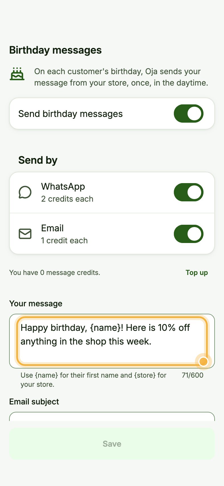 Birthday messages with the message box highlighted