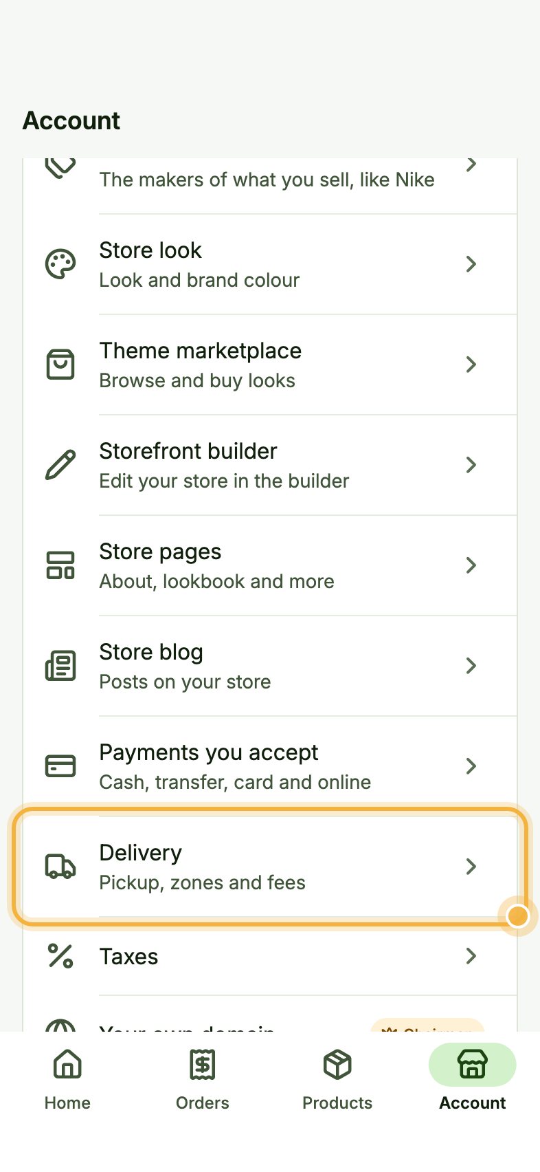 Oja Account tab with Delivery highlighted