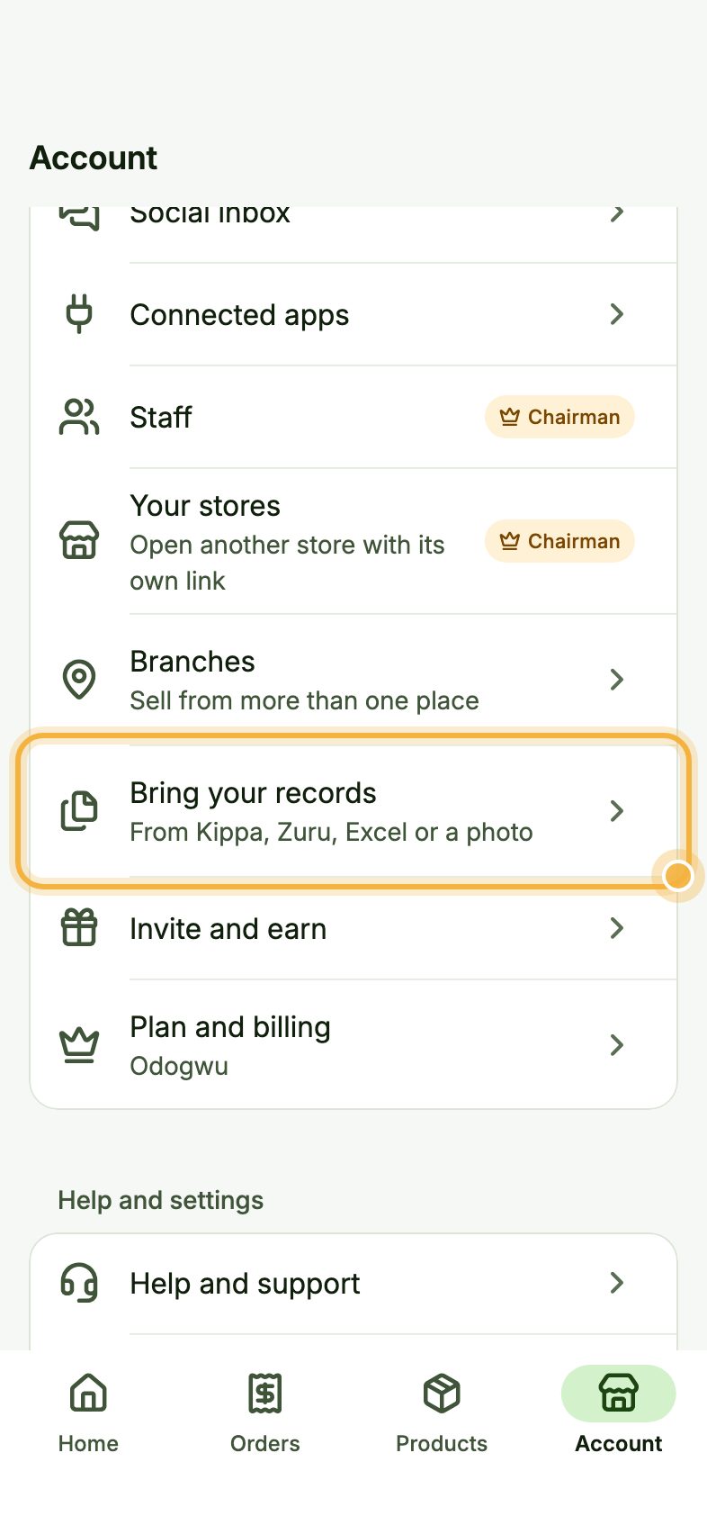 Oja Account tab with Bring your records highlighted