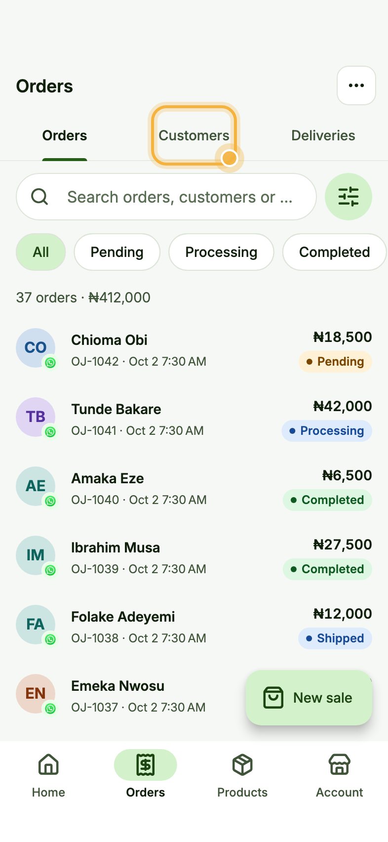 Oja Orders tab with Customers highlighted