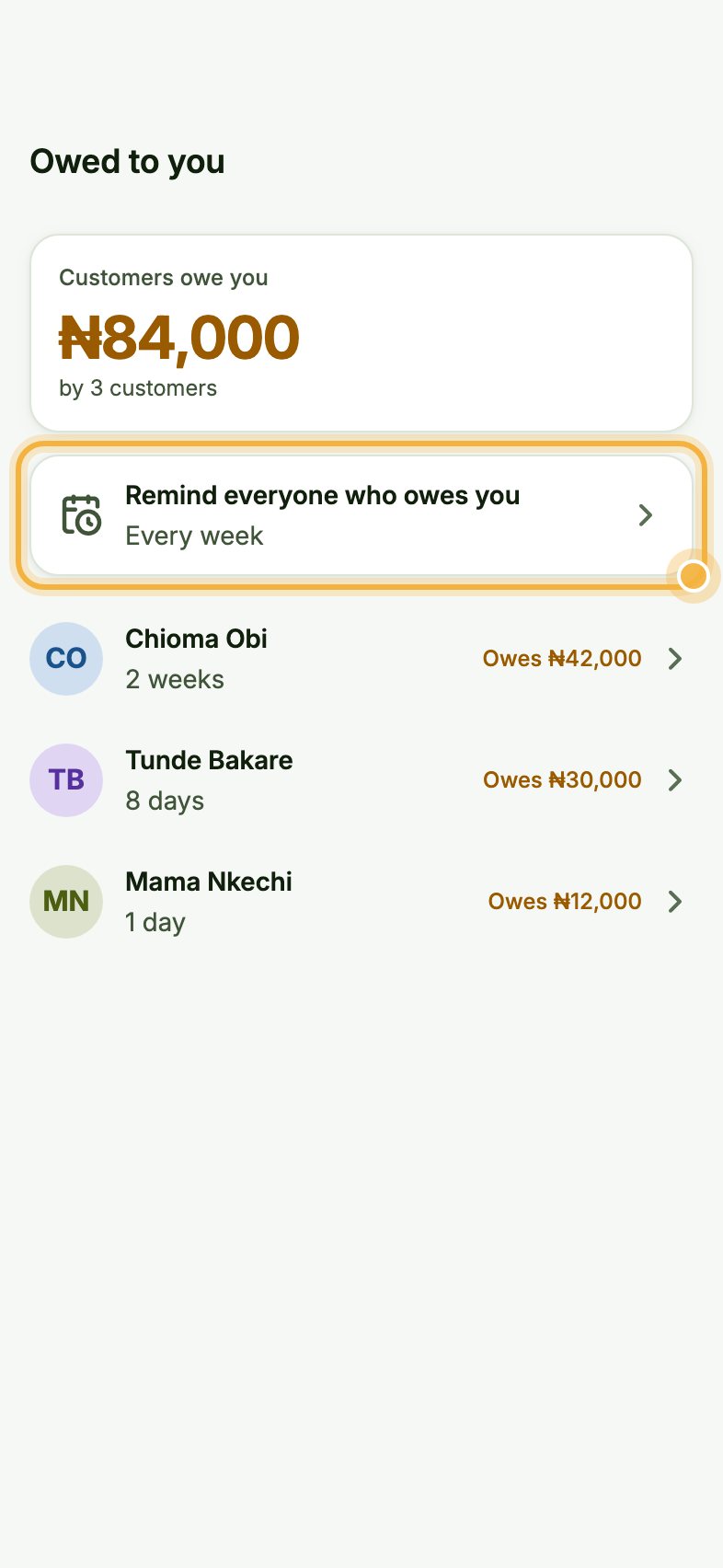 Owed to you screen with Remind everyone who owes you highlighted