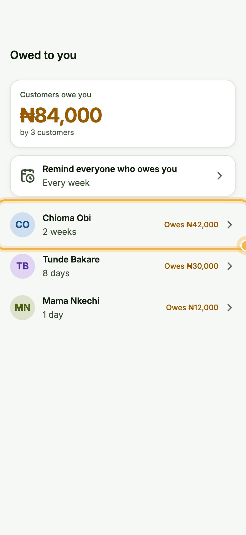 Owed to you list with a customer highlighted