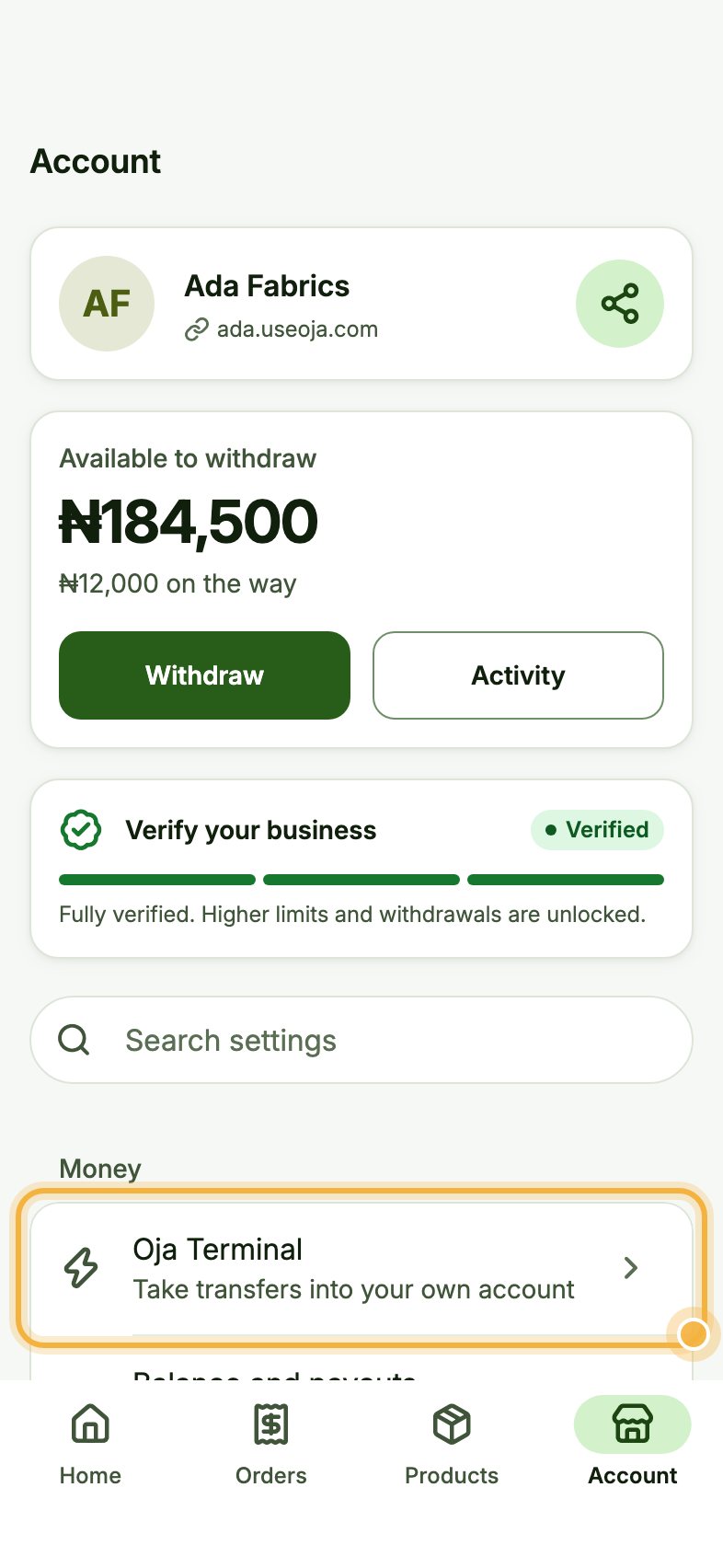 Oja Account tab with Oja Terminal highlighted