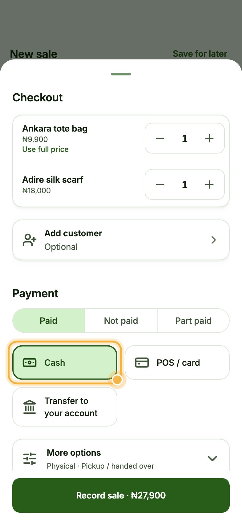 Oja checkout with Paid selected and the Cash payment option highlighted
