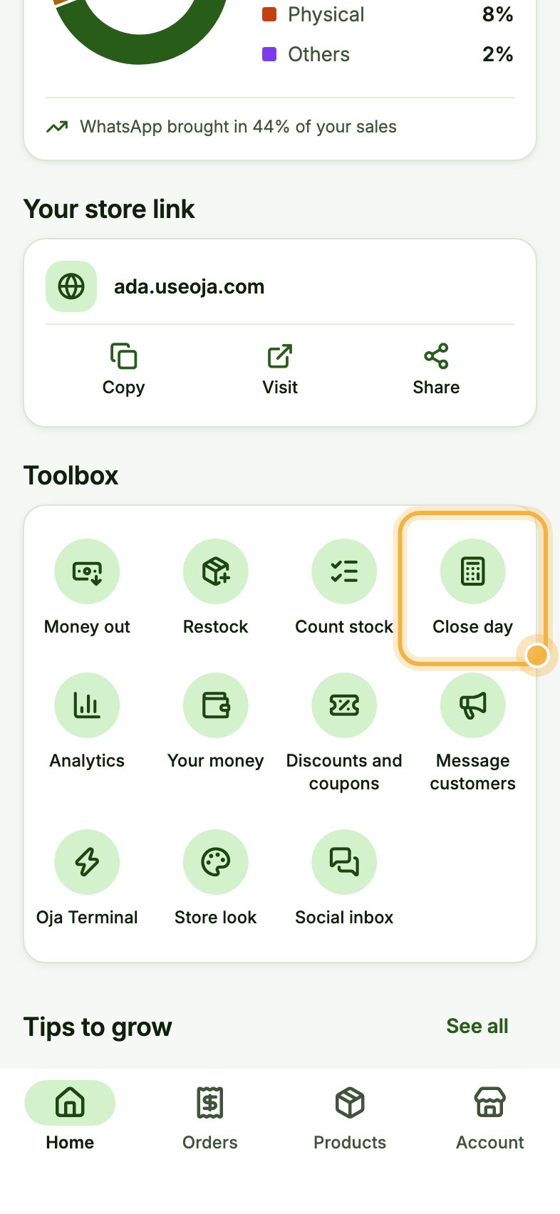 Oja Home toolbox with the Close day button highlighted