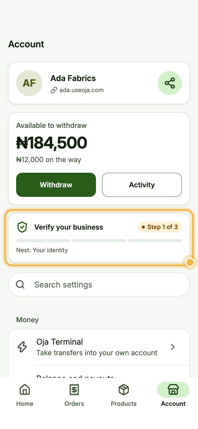Oja Account tab with Verify your business highlighted, showing Step 1 of 3